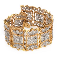 Retro Rigato Diamond 18 Karat Yellow White Gold Wide Bracelet