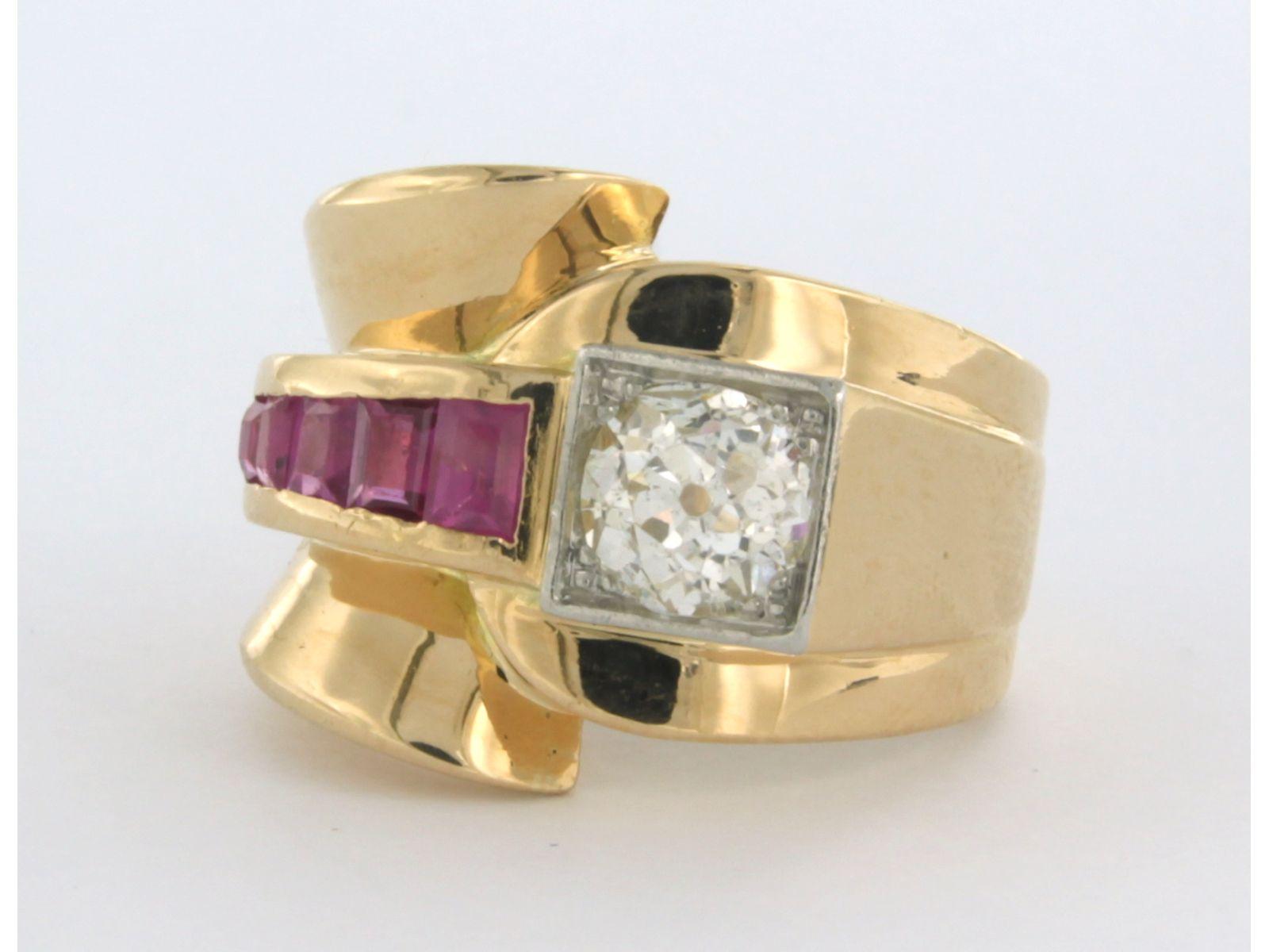 Old Mine Cut RETRO Ring set with ruby and diamond 18k bicolour gold For Sale
