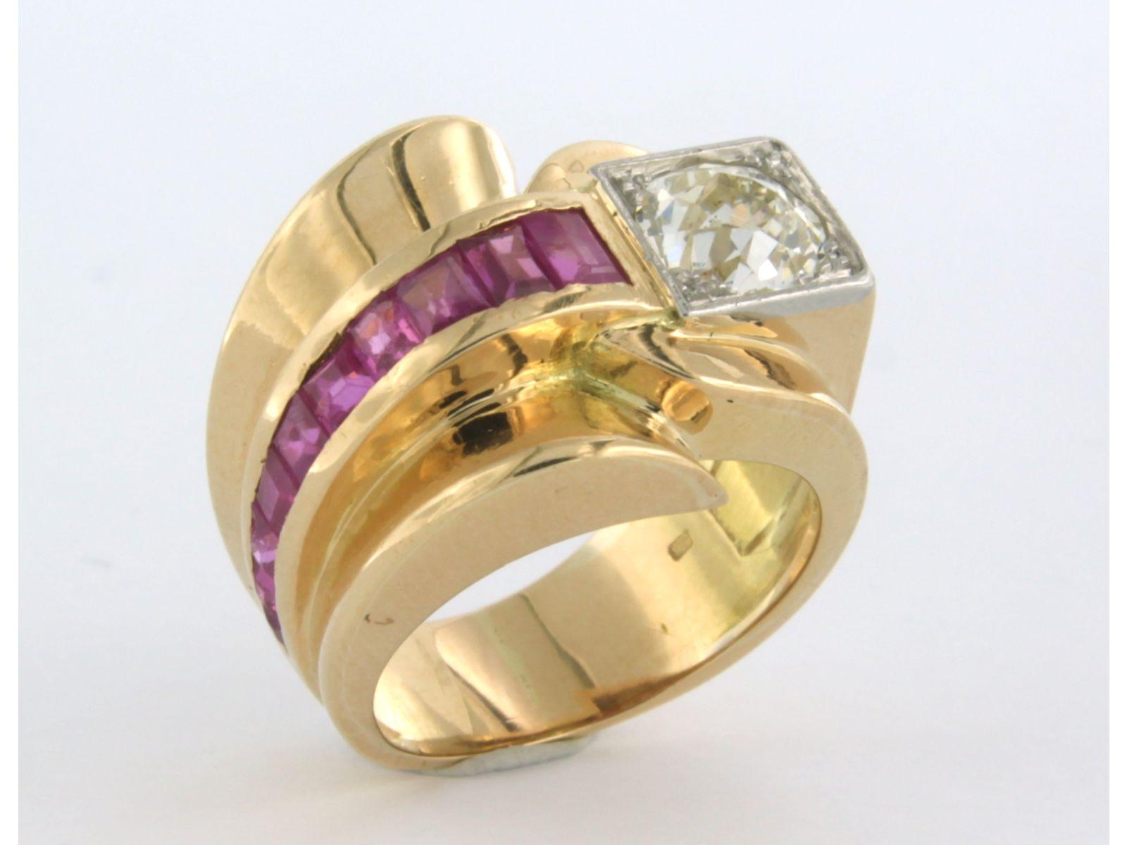 RETRO Ring set with ruby and diamond 18k bicolour gold In Good Condition For Sale In The Hague, ZH