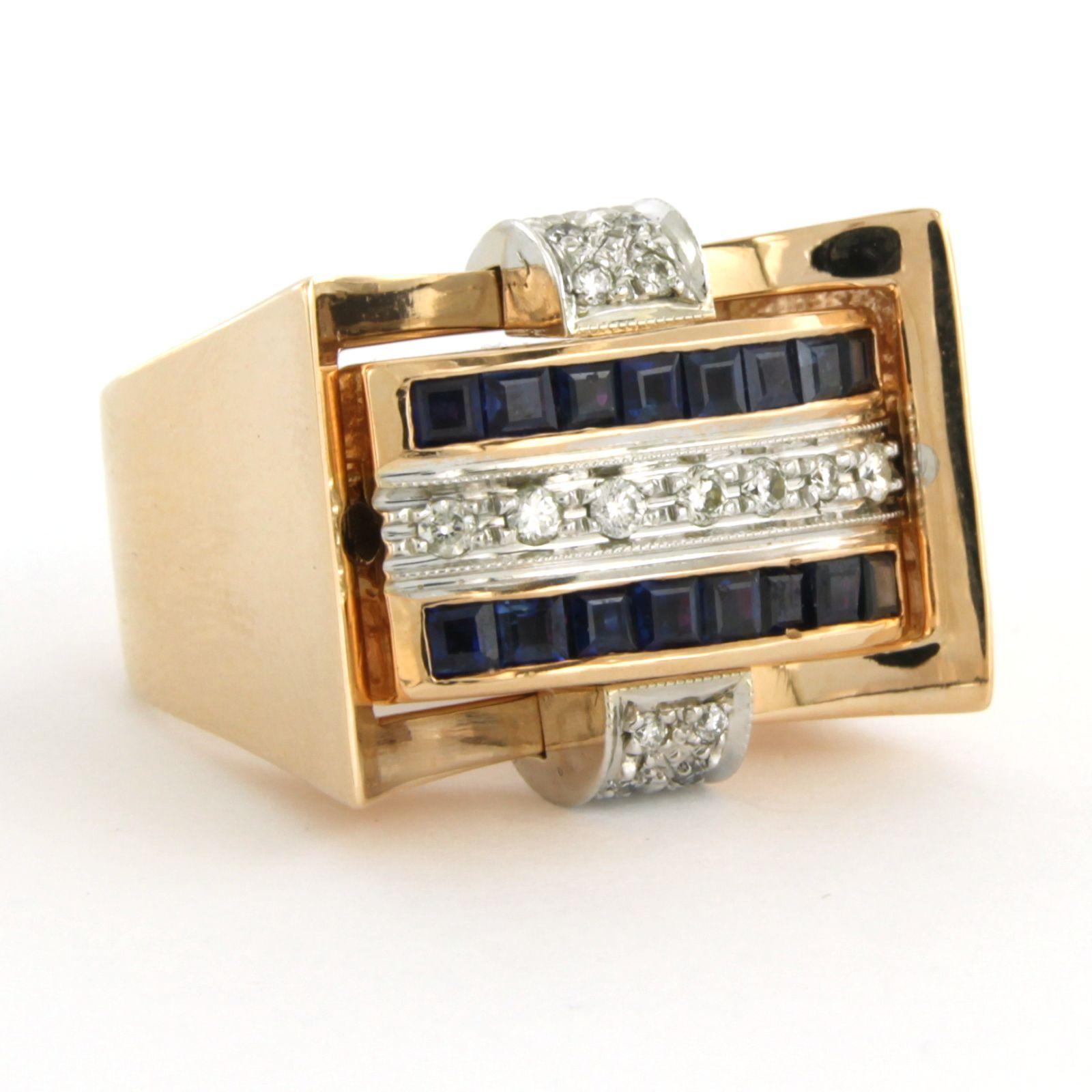 Brilliant Cut RETRO ring set with ruby, sapphire and diamonds 18k bicolour gold