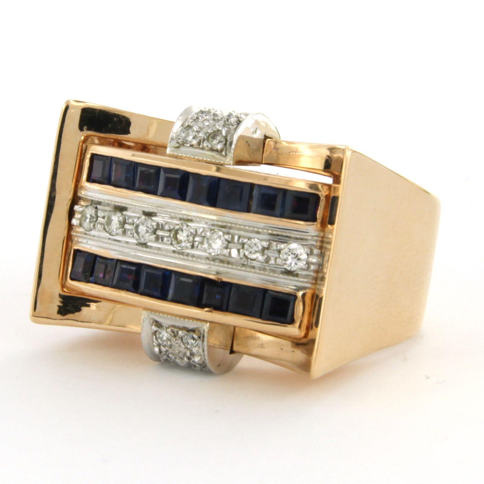 RETRO ring set with ruby, sapphire and diamonds 18k bicolour gold In Excellent Condition For Sale In The Hague, ZH