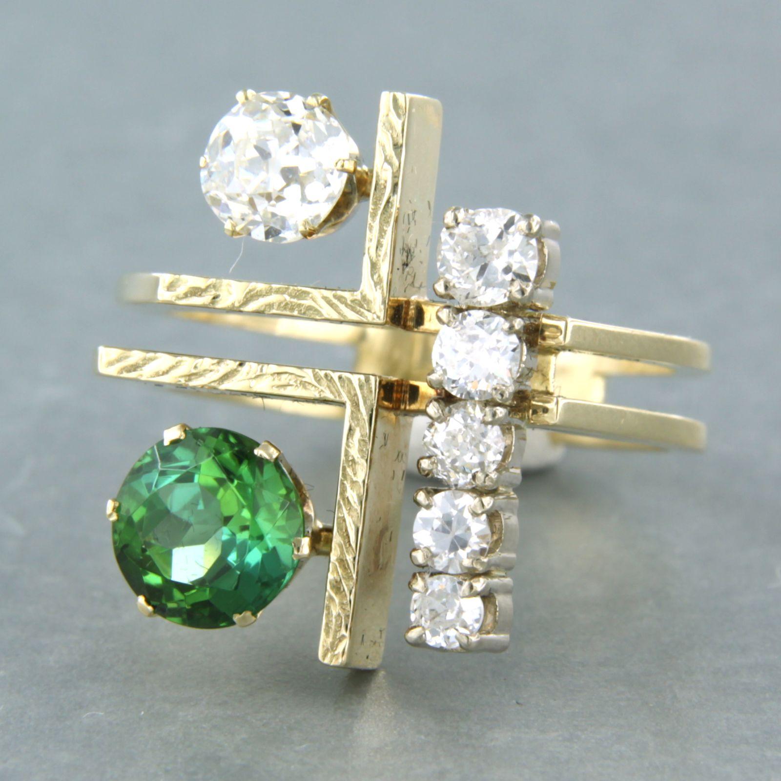 RETRO ring set with tourmaline and diamonds 14k yellow gold In Good Condition In The Hague, ZH