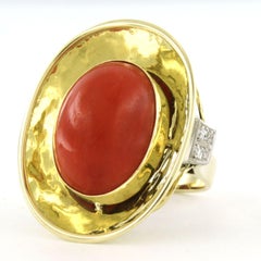 RETRO Ring with coral and single cut diamonds up to 0.08ct 14k gold