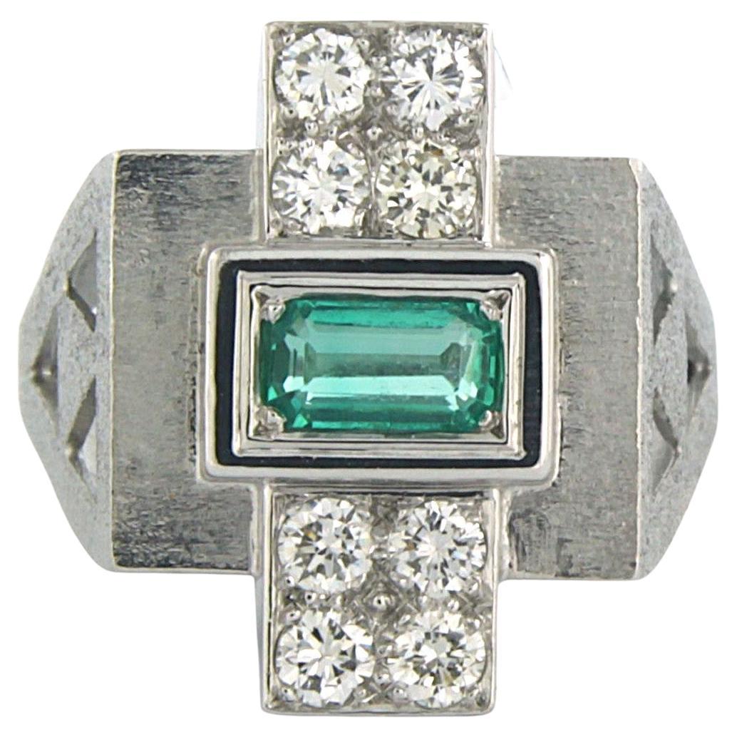 RETRO ring with emerald and brilliant cut diamonds up to 0.50ct 18k white gold