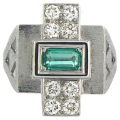 Bague RETRO avec émeraude et diamants taille brillant jusqu'à 0,50ct Or blanc 18k