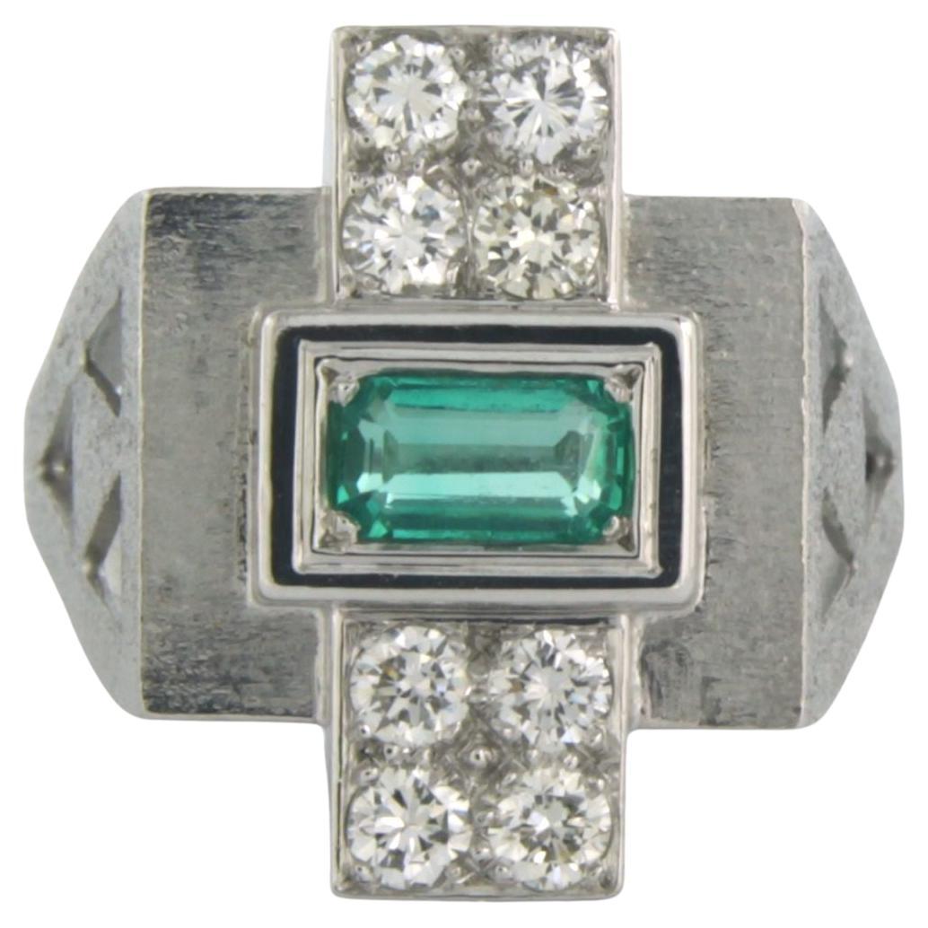 Anello RETRO con smeraldo e diamanti taglio brillante fino a 0,50 carati in oro bianco 18 ct. in vendita