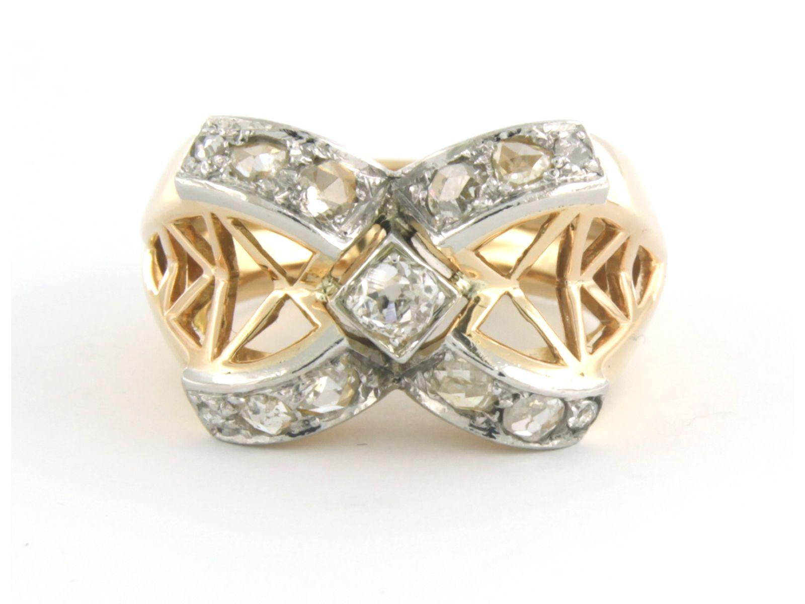 RETRO 18k bicolor gold ring set with old mine cut and rose cut diamonds up to 0.30ct - G/H - SI - ring size US 5.75 - EU 16.25(51)

detailed description:

the top of the ring is 1.3 cm wide by 8.4 mm high

weight 10.3 grams

ring size US 5.75 - EU