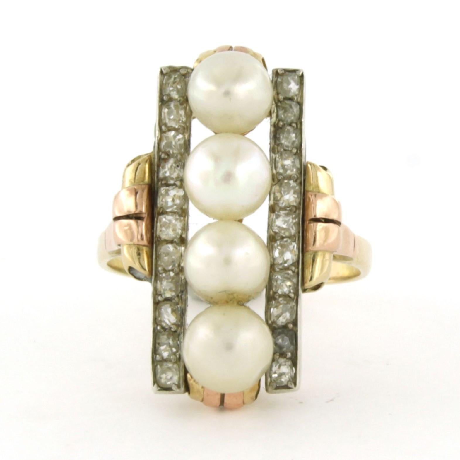 14k three-tone gold ring set with pearls and old mine cut diamonds up to 0.80ct - G/H - SI - ring size US 6.75 - EU 17.25(54)

detailed description:

The top of the ring is 2.4 cm wide by 1.0 cm high

weight: 6.2 grams

ring size US 6.75 - EU