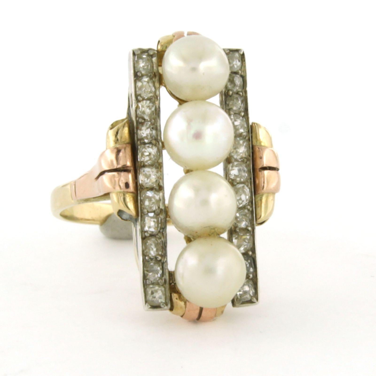 Retro RETRO Ring with pearls and old mine cut diamonds up to 0.80ct 14k gold 6.2 gram For Sale