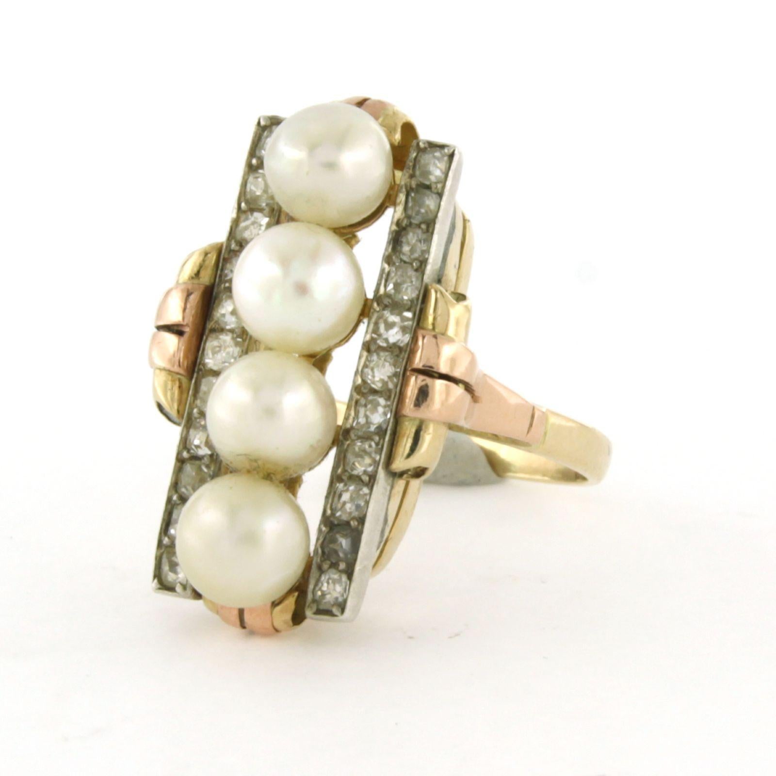 Old Mine Cut RETRO Ring with pearls and old mine cut diamonds up to 0.80ct 14k gold 6.2 gram For Sale