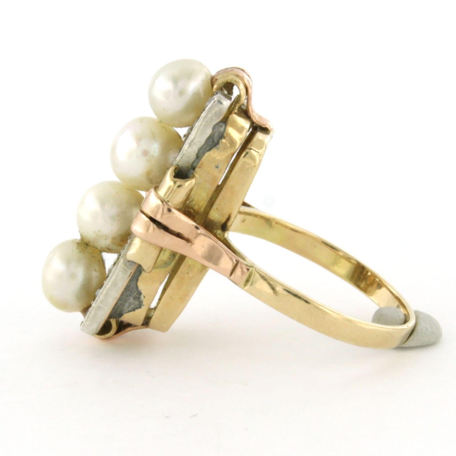 RETRO Ring with pearls and old mine cut diamonds up to 0.80ct 14k gold 6.2 gram In Excellent Condition For Sale In The Hague, ZH