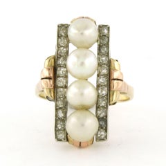 RETRO Ring with pearls and old mine cut diamonds up to 0.80ct 14k gold 6.2 gram
