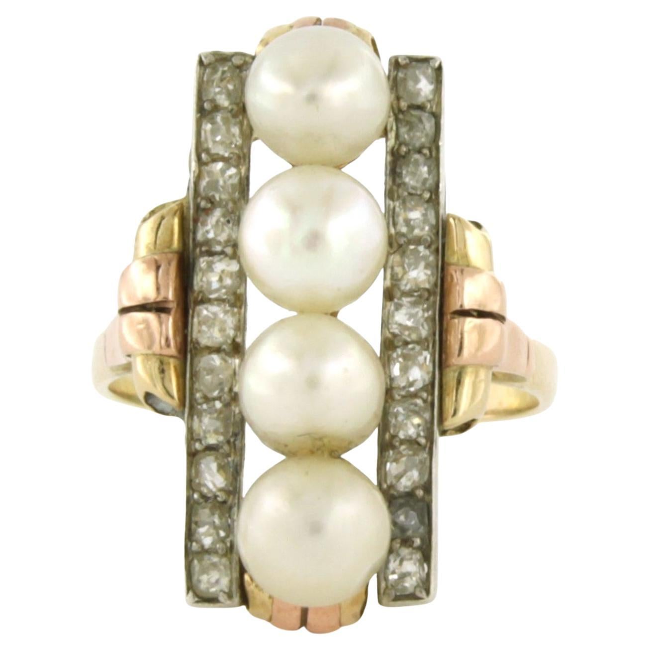 RETRO Ring mit Perlen und Diamanten im alten Minenschliff bis zu 0,80ct 14k Gold 6,2 Gramm