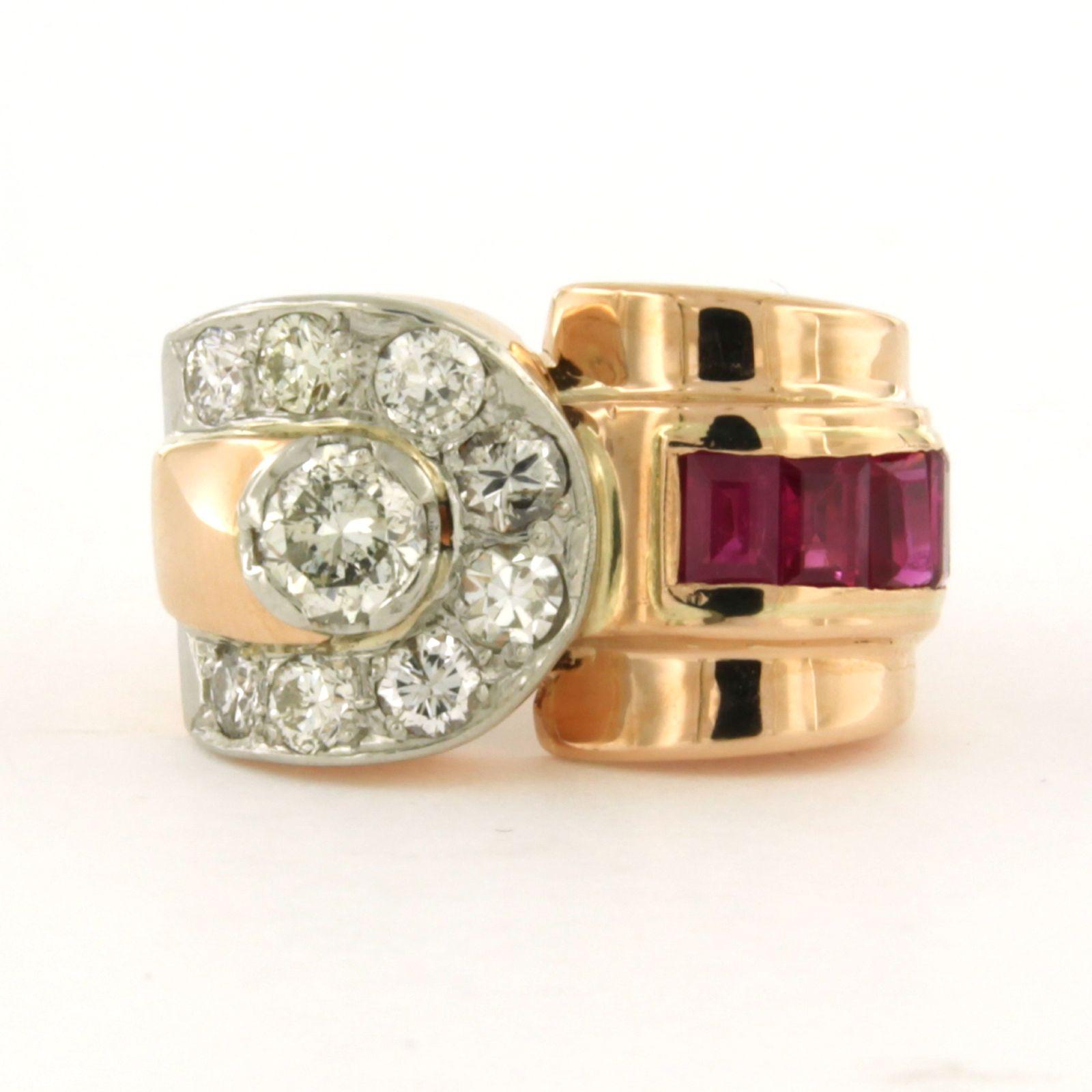 RETRO 18k rose gold with platinum ring set with ruby ​​and old mine cut diamond up to, 0.70ct - K/L - SI/P - ring size US 4.75 - EU 15.5 (49)

detailed description:

The top of the ring is 1.2 cm wide and 7.0 mm high

Ring size US 4.75 - EU 15.5