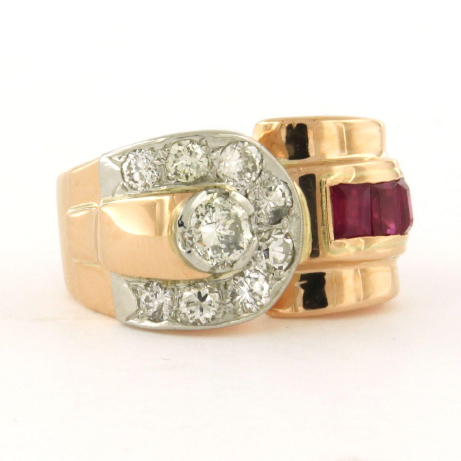 Retro RETRO ring with ruby and old mine cut diamonds up to 0.70ct 18k gold, platinum For Sale