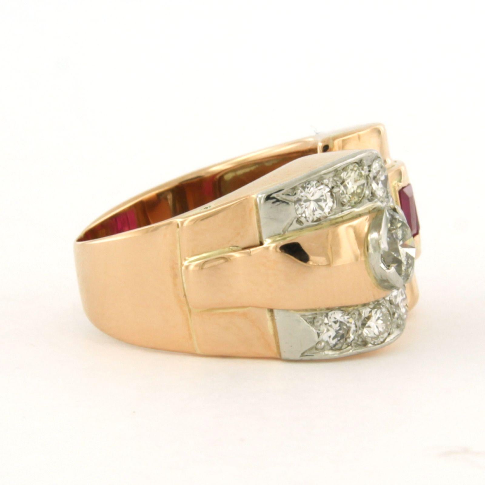 Women's RETRO ring with ruby and old mine cut diamonds up to 0.70ct 18k gold, platinum For Sale