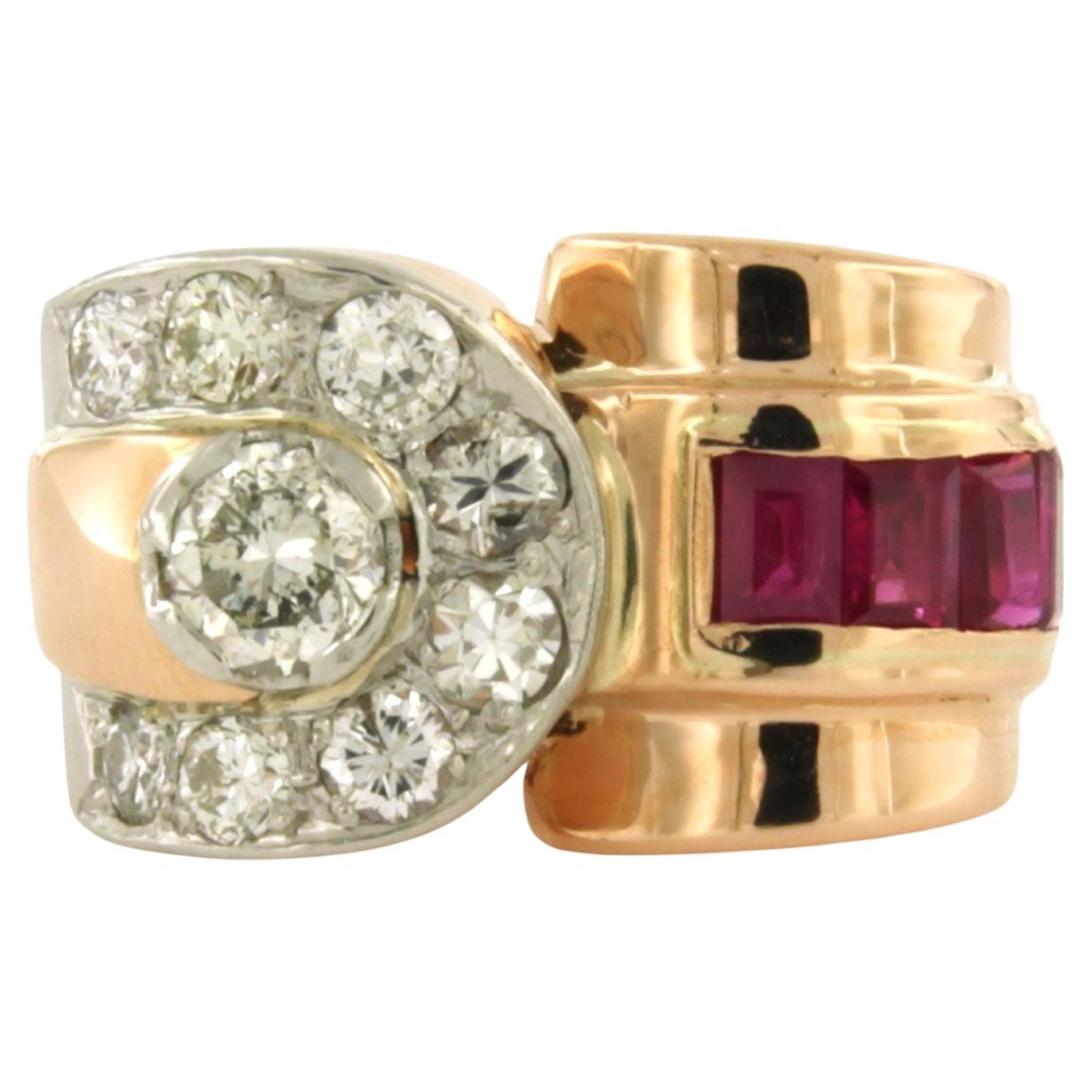RETRO ring with ruby and old mine cut diamonds up to 0.70ct 18k gold, platinum For Sale