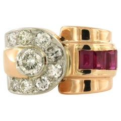 RETRO ring with ruby and old mine cut diamonds up to 0.70ct 18k gold, platinum