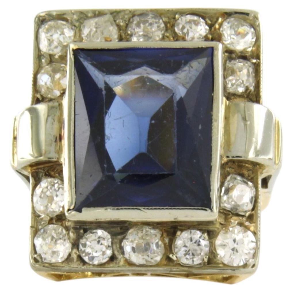 RETRO ring with sapphire and old mine cut diamonds up to 2.00ct 18k gold 6.3 gr For Sale