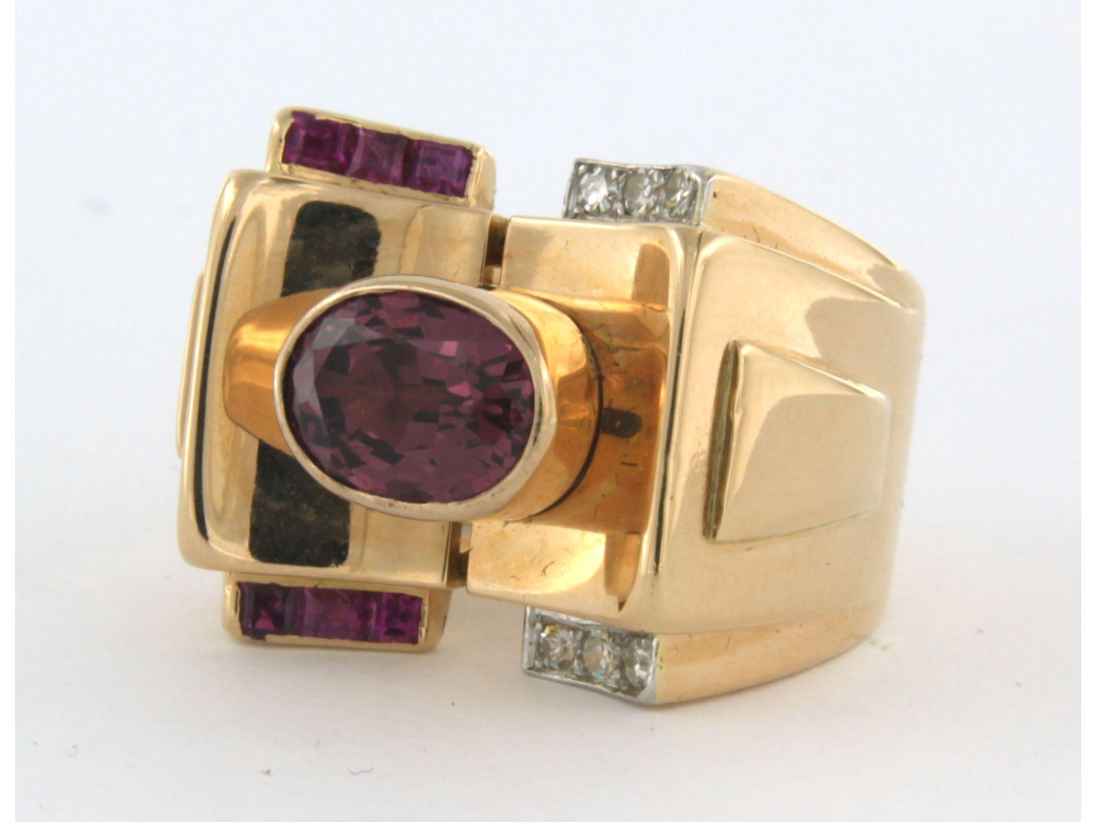 Women's RETRO ring with tourmaline, ruby and single cut diamonds up to 0.12ct 18k gold