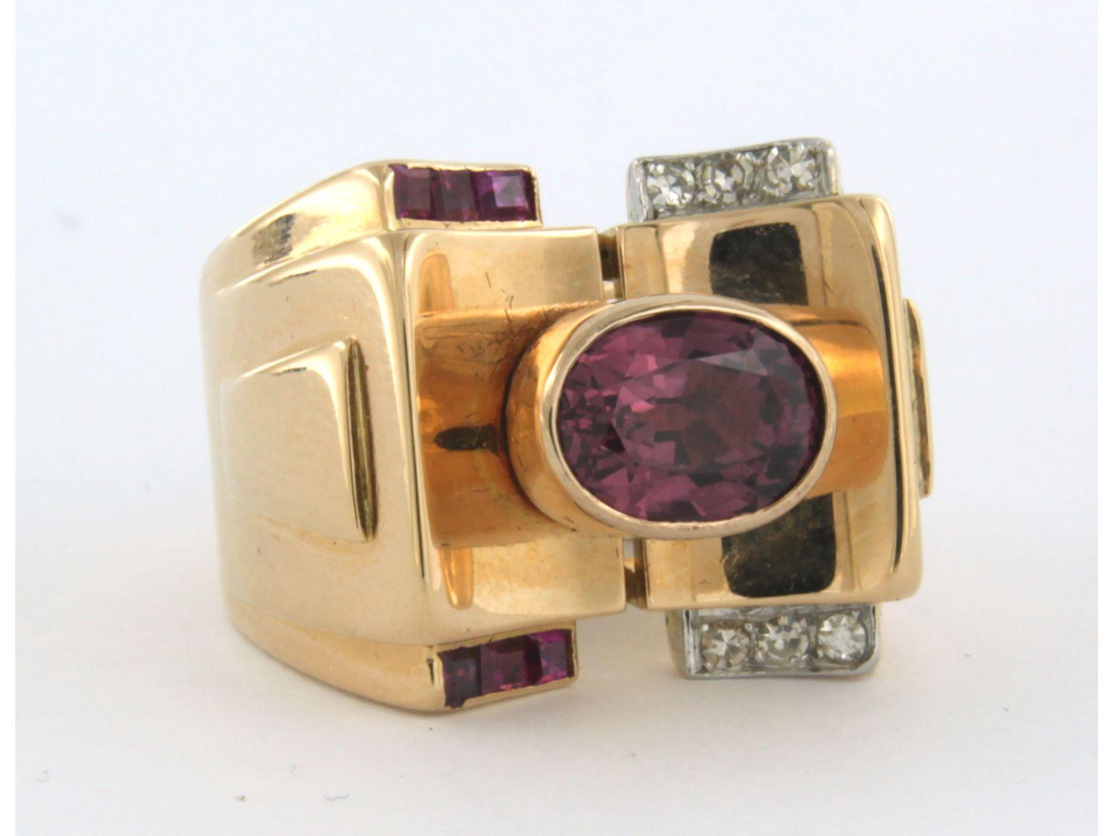 RETRO ring with tourmaline, ruby and single cut diamonds up to 0.12ct 18k gold 1