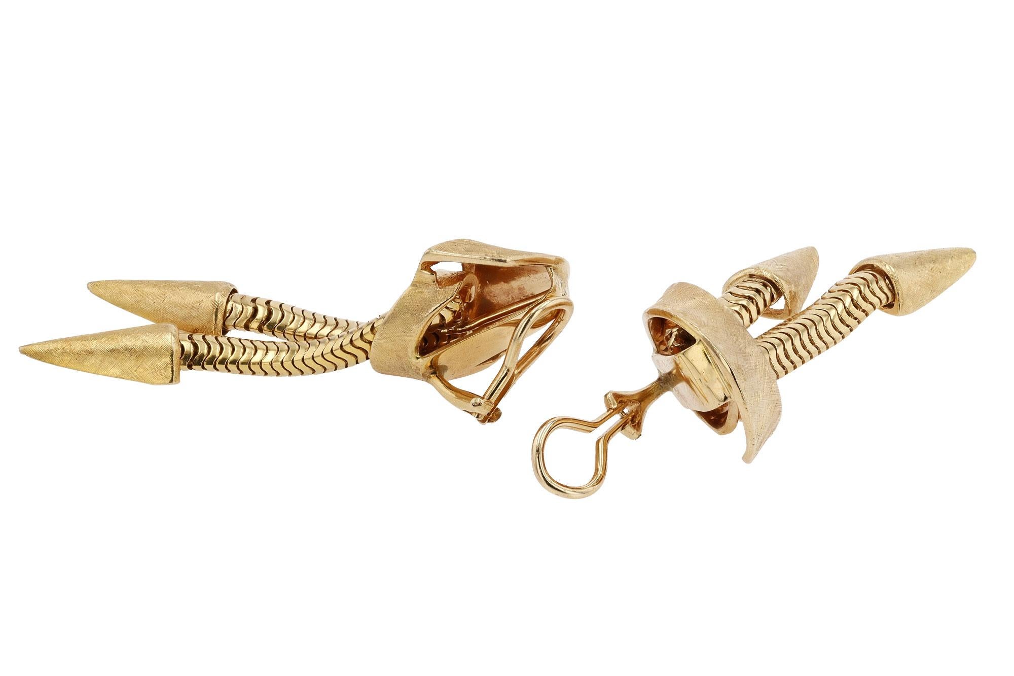 Women's or Men's Retro Rocket Age 14K Gold Modernist Dangle Earrings For Sale