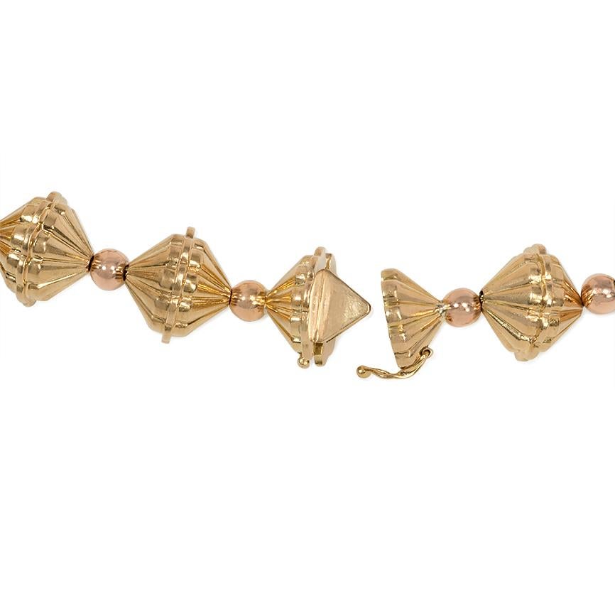 Retro Rose and Yellow Gold Fluted Bead Necklace In Good Condition In New York, NY