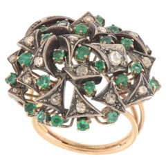 Retro Rose Cut Diamond Emerald 9K Yellow Gold & Silver 800 Cocktail Ring