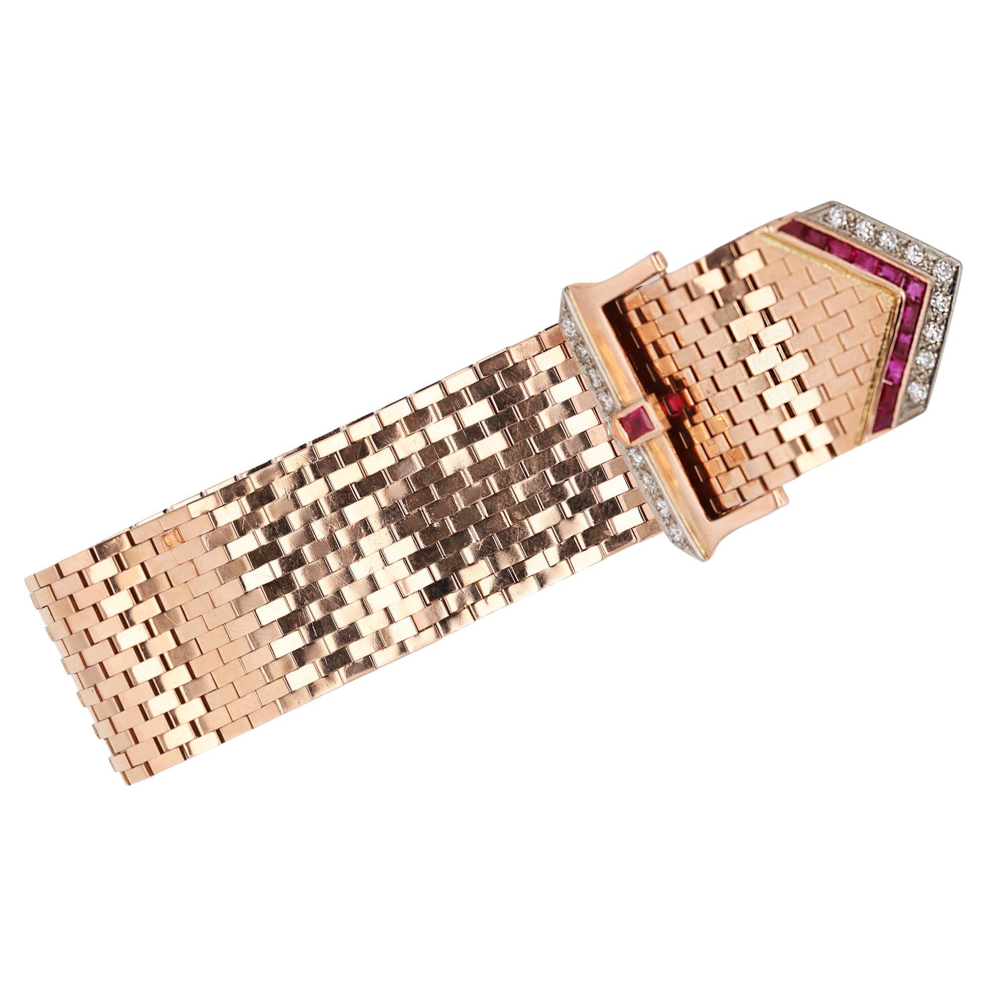 Retro Rose Gold 1940s Diamond Ruby Wide Buckle Bracelet