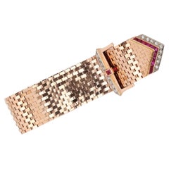 Retro Rose Gold 1940s Diamond Ruby Wide Buckle Bracelet