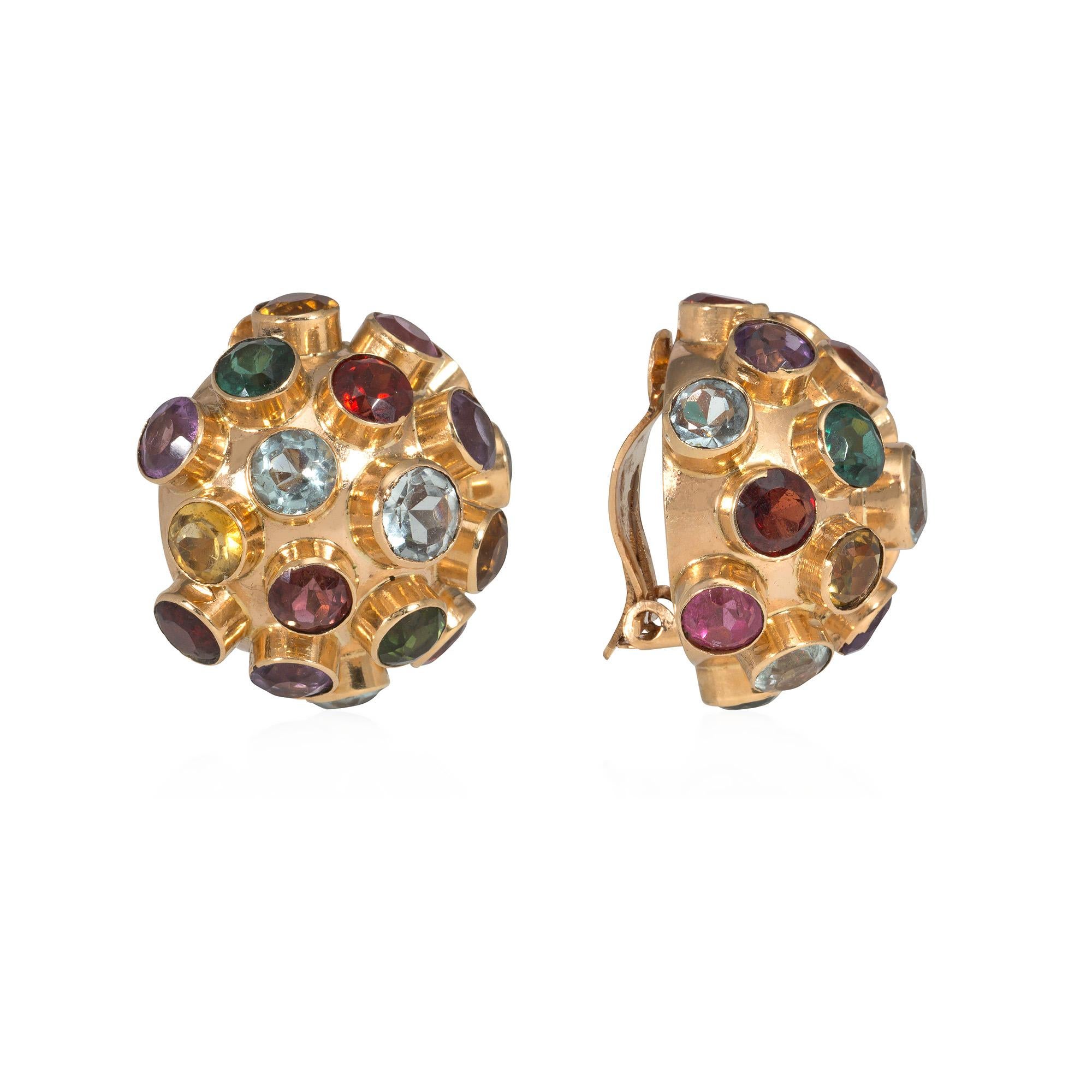 A pair of Retro gold and multi-colored gemstone clip earrings, the rose gold domes of sputnik design with collet-set tourmalines, garnet, zircon, amethyst and citrine, in 18k.

* Includes letter of authenticity
* Free shipping
* Please feel free to