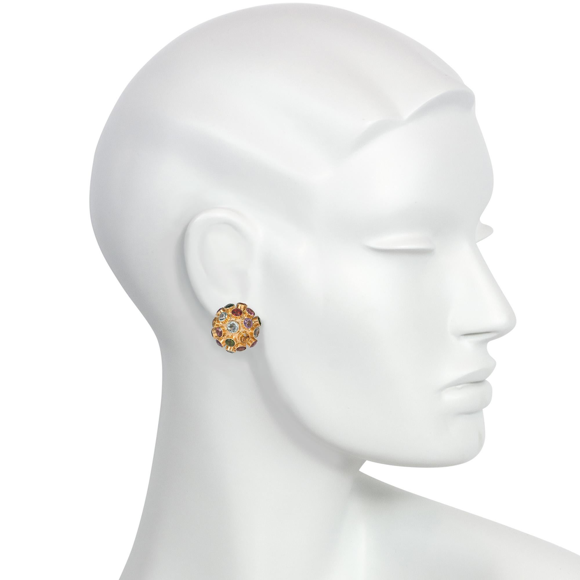 Round Cut Retro Rose Gold and Multi-Colored Gemstone Sputnik Clip Earrings For Sale