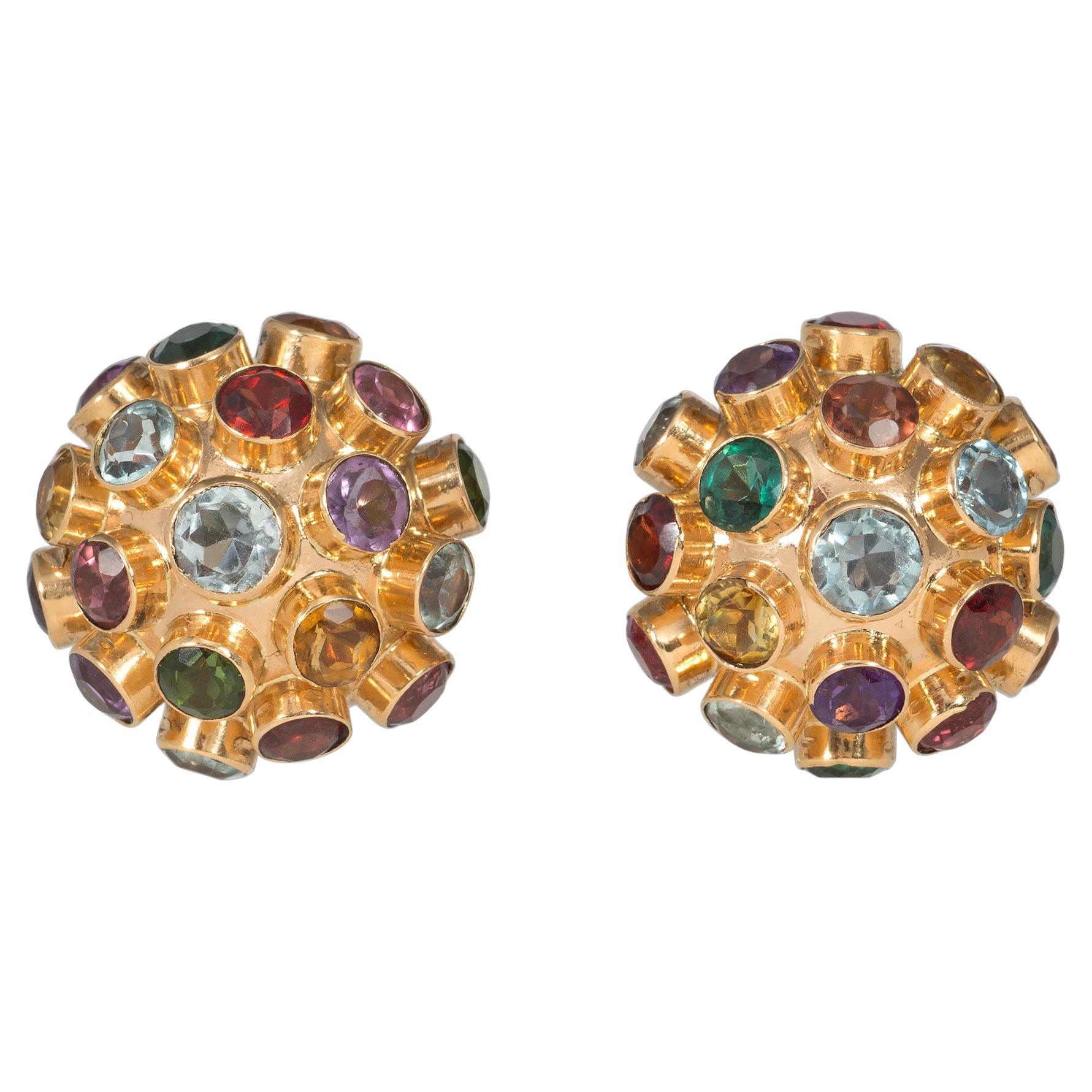 Retro Rose Gold and Multi-Colored Gemstone Sputnik Clip Earrings For Sale