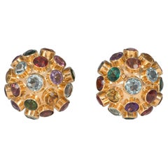 Vintage Rose Gold and Multi-Colored Gemstone Sputnik Clip Earrings