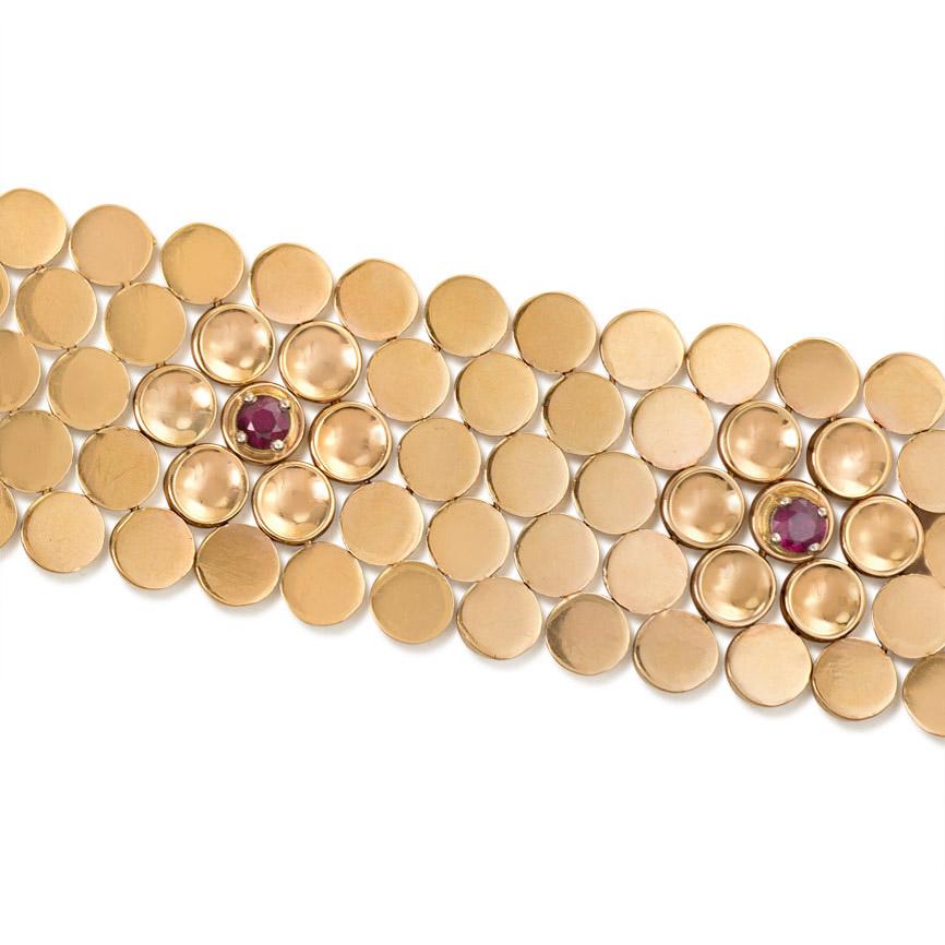 Round Cut Retro 1950s Rose Gold and Ruby Bracelet with Raised Floral Cluster Motifs