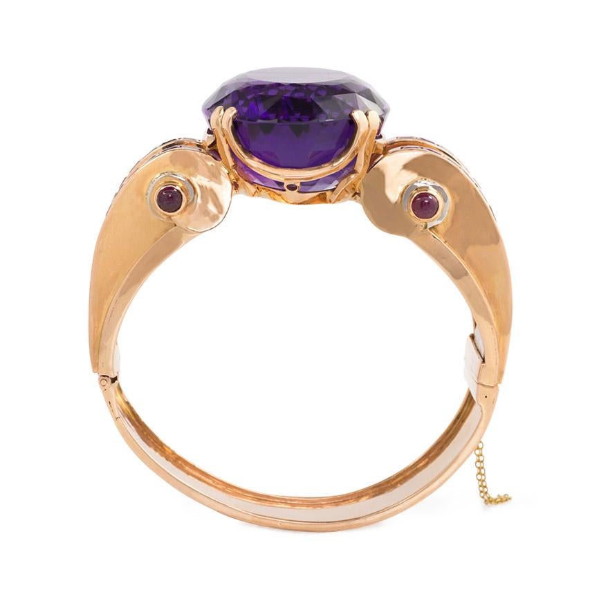 Retro Rose Gold Bracelet with Central Amethyst and Ruby and Diamond Accents In Excellent Condition In New York, NY