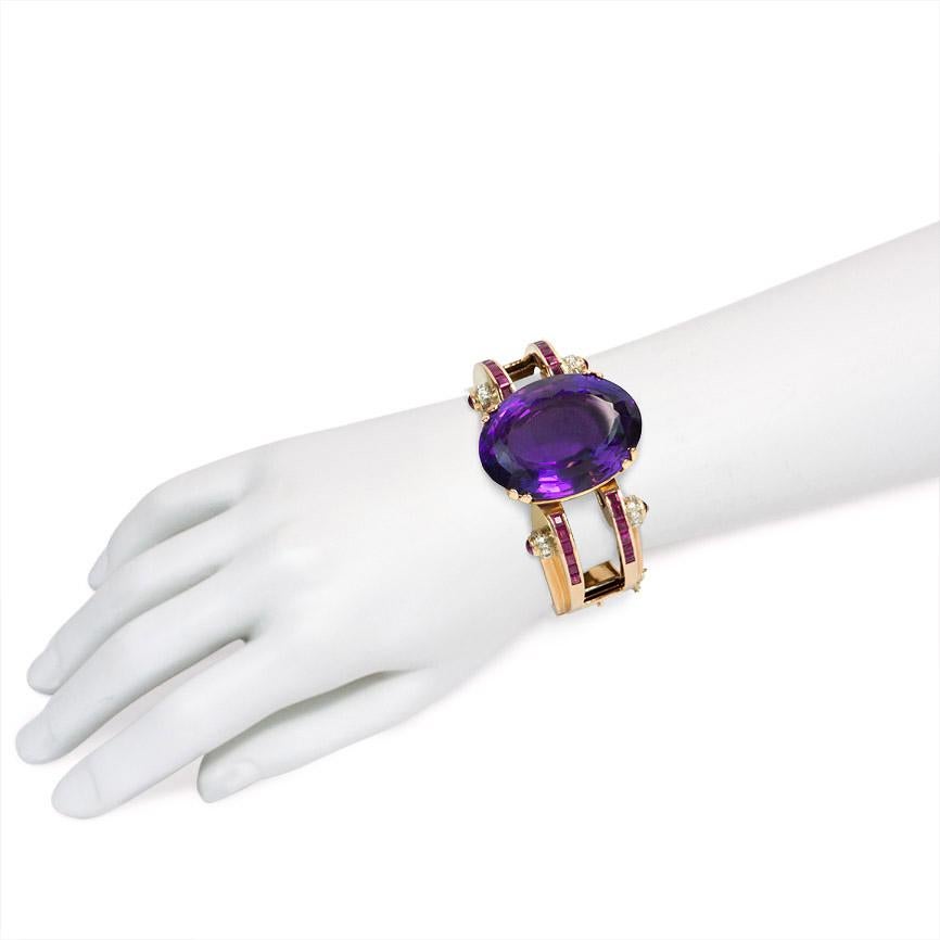 Women's or Men's Retro Rose Gold Bracelet with Central Amethyst and Ruby and Diamond Accents