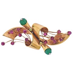 Retro Rose Gold Chrysoprase Diamond Ruby Brooch Pin