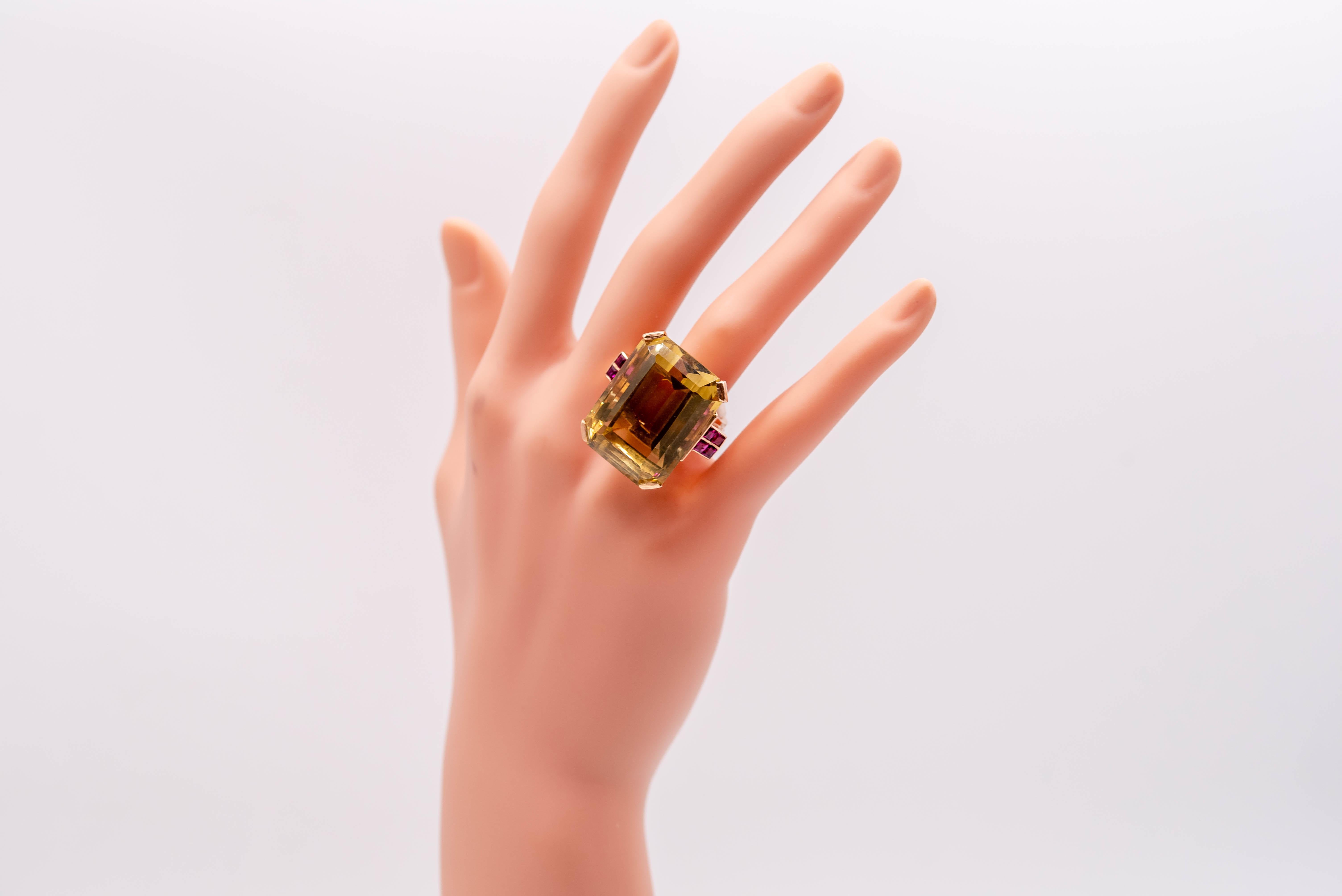 Emerald Cut Retro Rose Gold Citrine Ruby Cocktail Ring