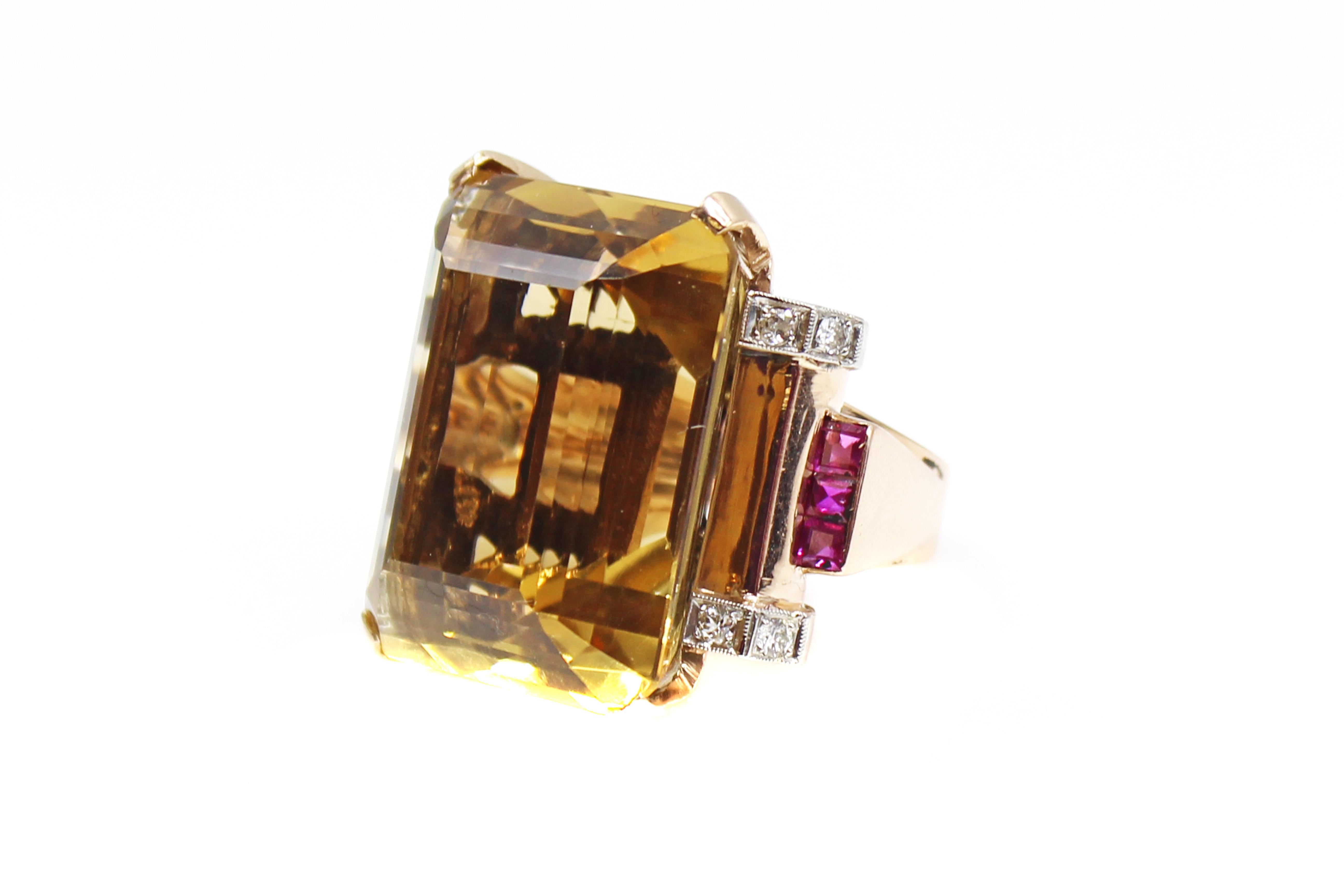 Retro Rose Gold Citrine Ruby Diamond Ring In Excellent Condition In New York, NY