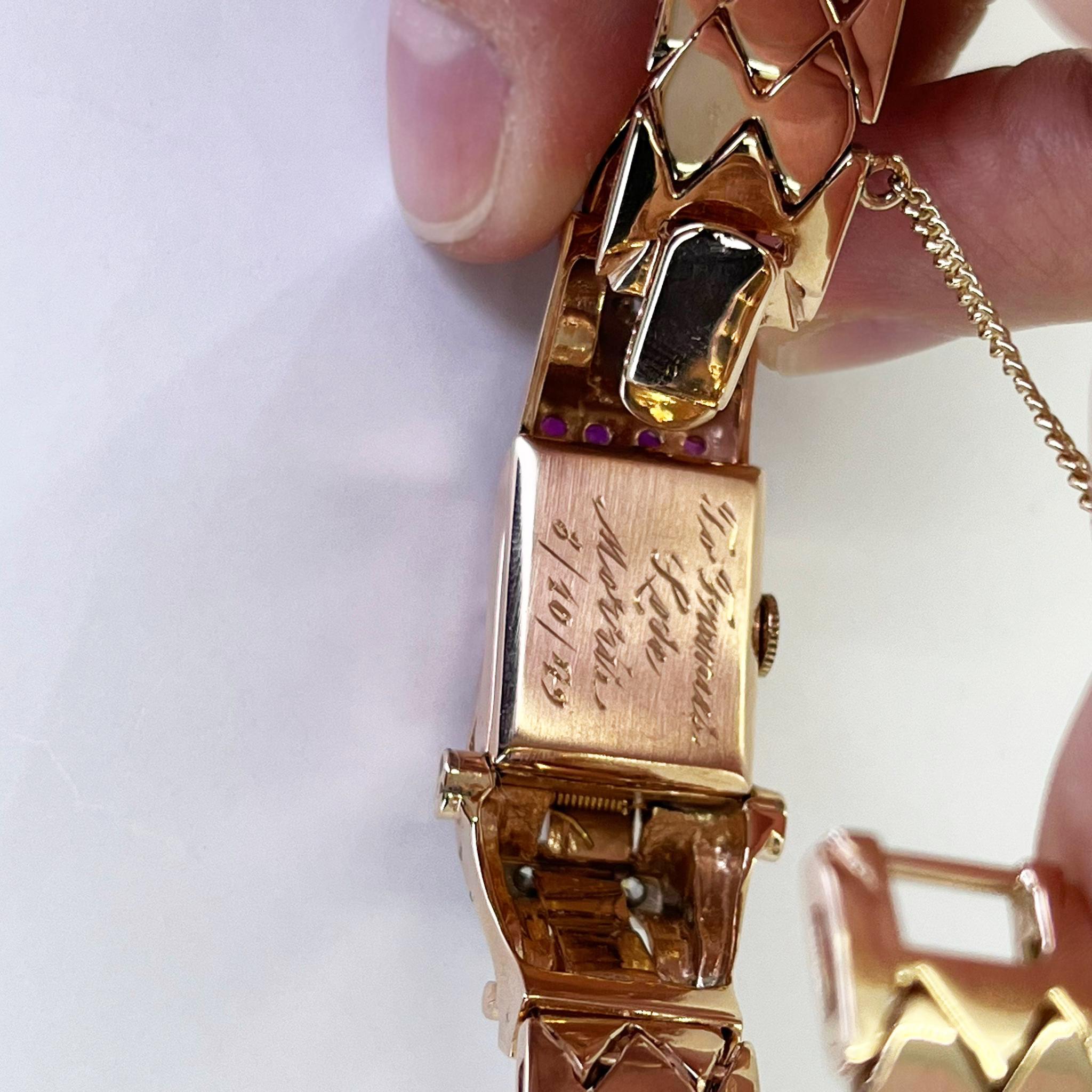 Reloj manual retro de oro rosa, diamantes y rubíes en venta 7