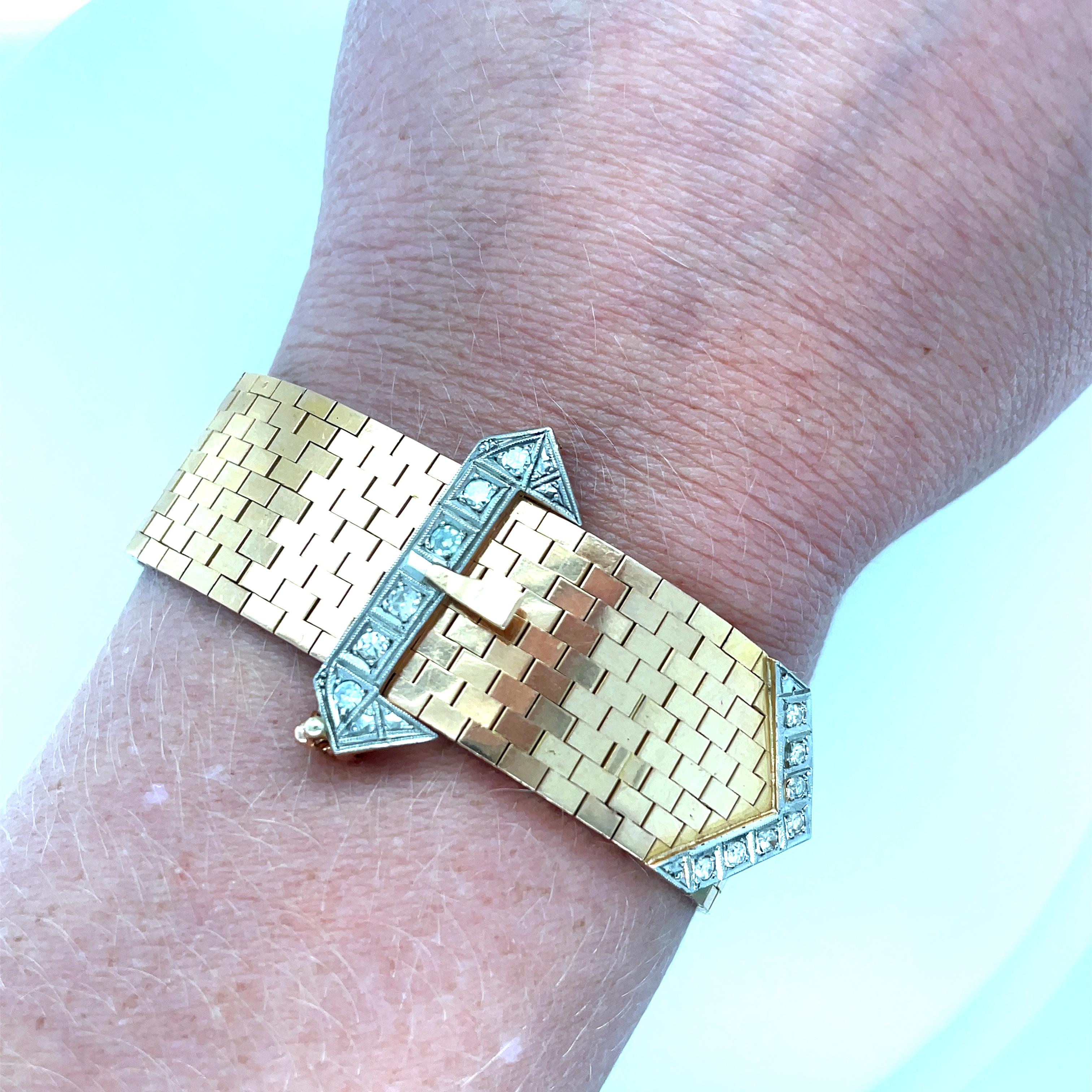 Retro, Rose Gold, Platinum and Diamond Belt Buckle Bracelet In Excellent Condition In Chicago, IL