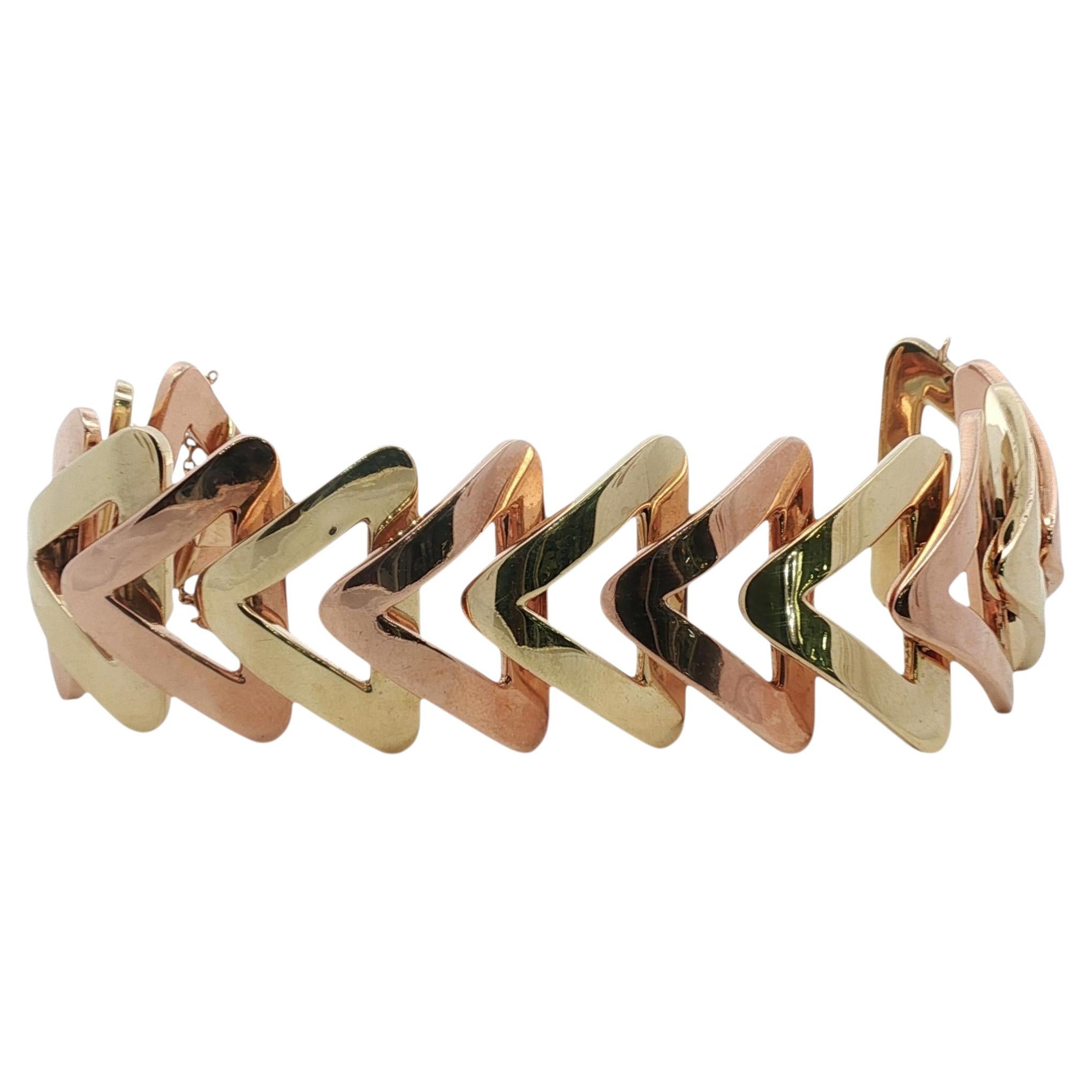 Retro Rose & Yellow Gold Triangle Link Wide Vintage Statement Bracelet For Sale