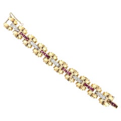 Retro Round Brilliant Diamond Ruby 18 Karat Rose Gold Estate Link Bracelet