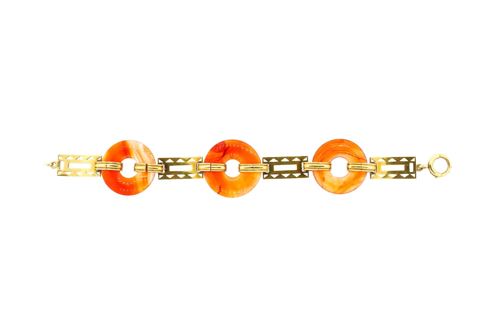 Women's or Men's  Retro Round Carnelian Enamel 14 Karat Gold Link Bracelet