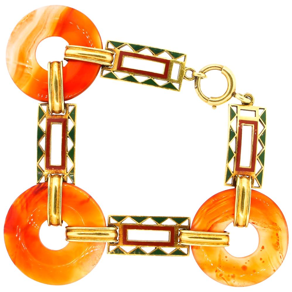  Retro Round Carnelian Enamel 14 Karat Gold Link Bracelet