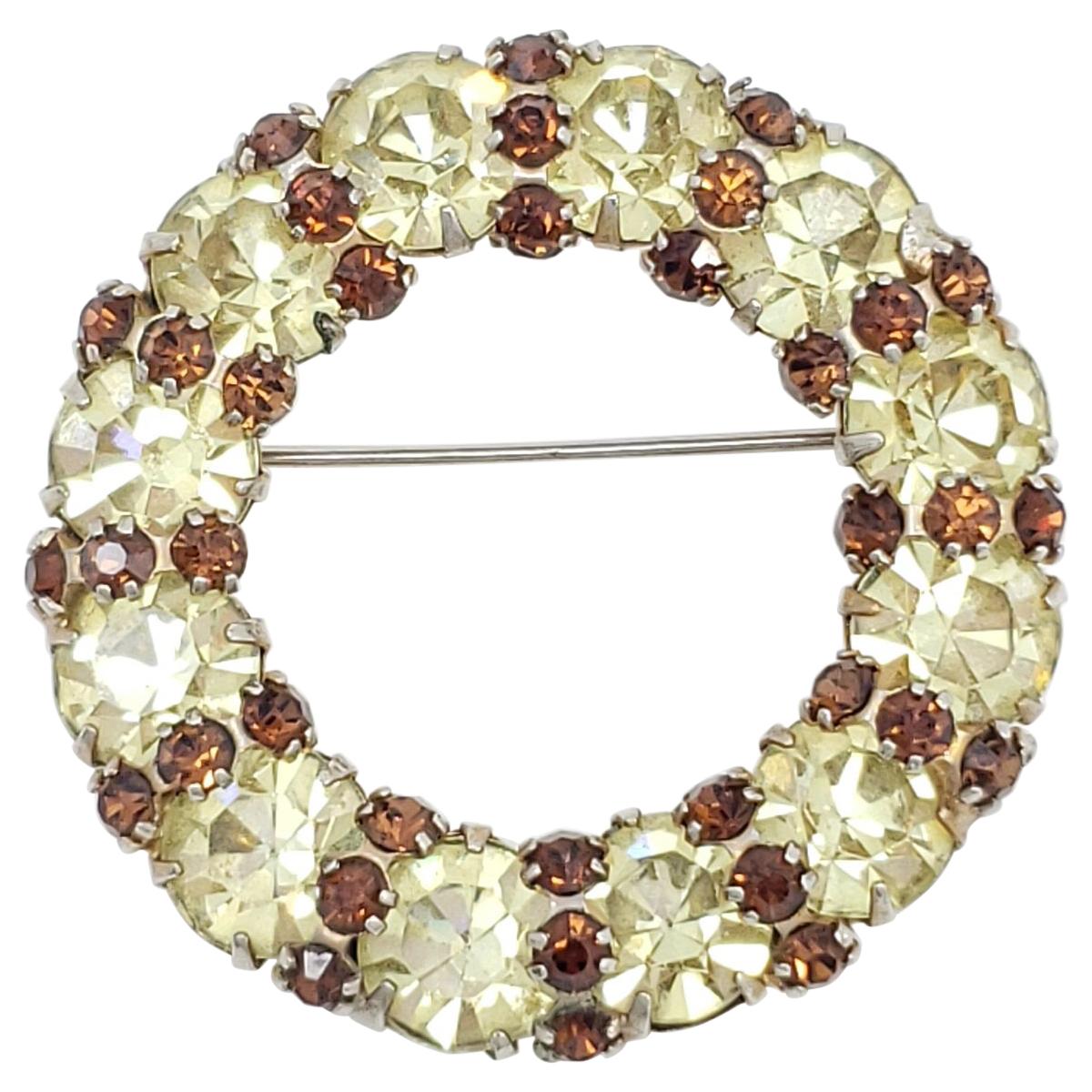 Retro Round Crystal Brooch in Brass, Dark Topaz and Jonquil Crystals For Sale