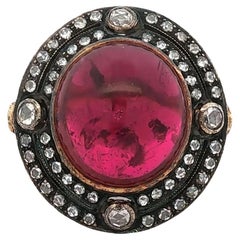 Retro Rubellite Tourmaline Diamond 18 Karat Yellow Gold Cocktail Ring Vintage