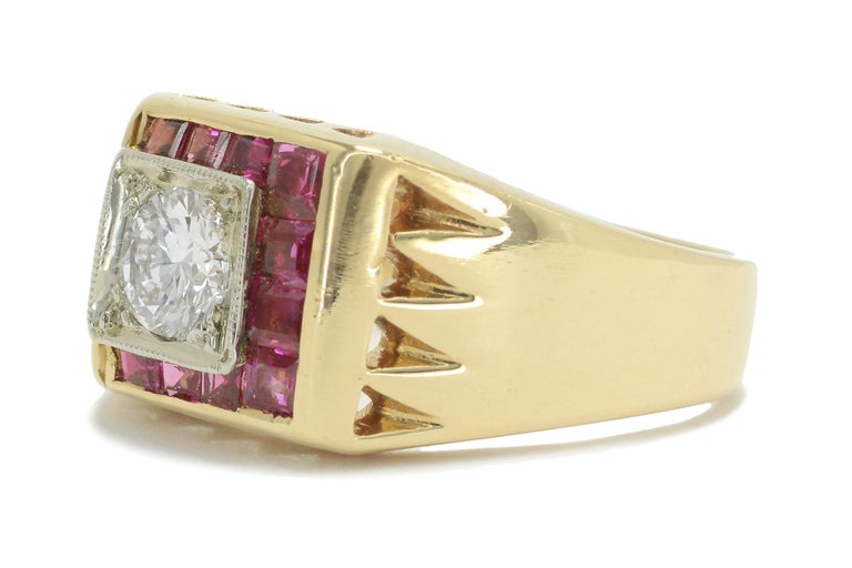 Retro Ruby and 1/2 Carat Diamond Men's Pinky Ring Unisex Cocktail or Wedding Band at 1stDibs