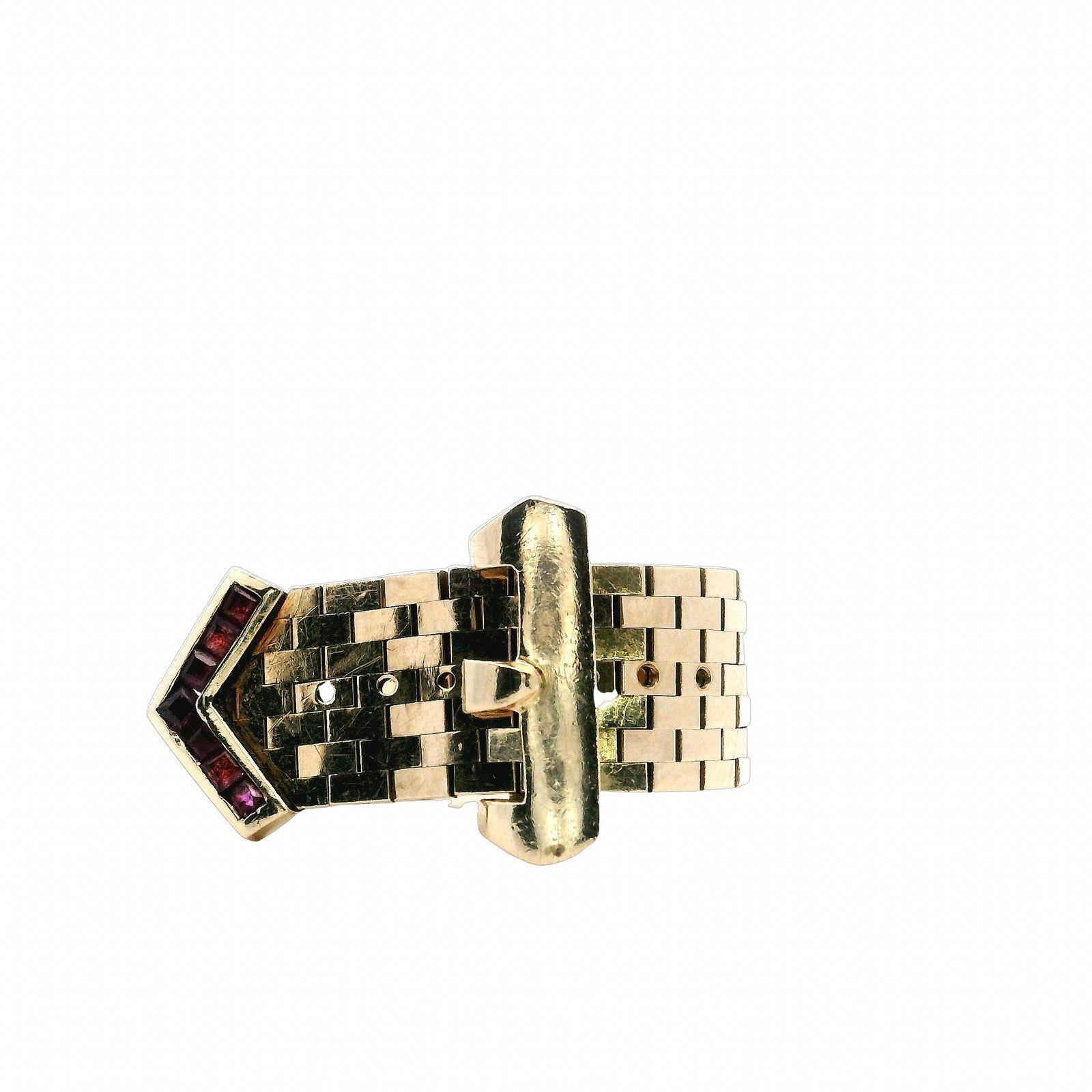 Retro Ruby 14 Karat Yellow Gold Adjustable Vintage Buckle Ring  For Sale 1